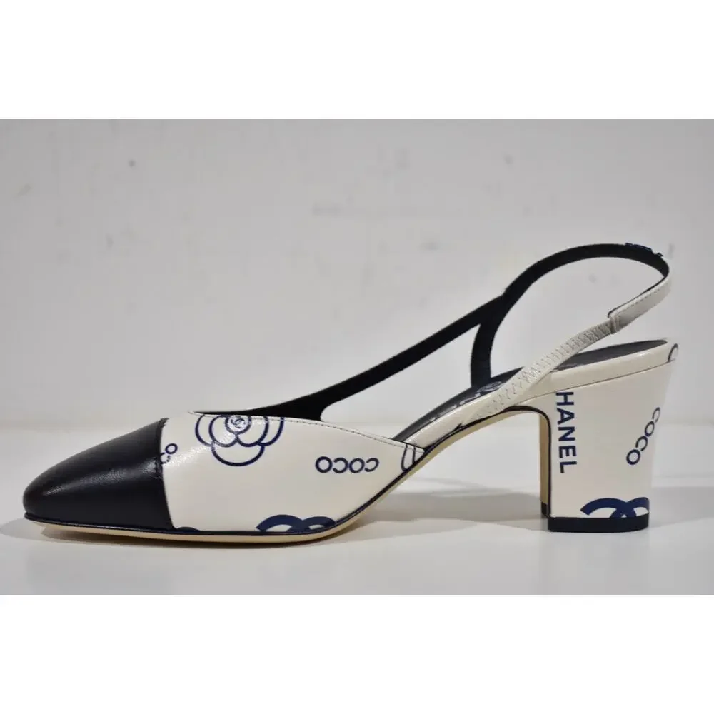Chanel 23P Mademoiselle Coco Sling White Blue CC Logo Slingback Sandal Heel 40 - Picture 7 of 10